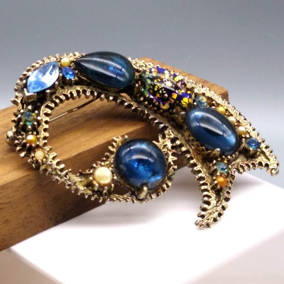 Vintage Royal Blues Paisley Swirl Brooch, Har Style Florenza Style, Gold Tone - Picture 3 of 4